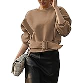 VATEAMI Womens Long Sleeves Cropped Sweatshirts Belted Lace Up Tops Crewneck Y2K Pullover 2025 Fall Outfit (Khaki-M)