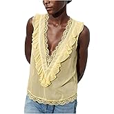 MakeMeChic Women's Floral Lace Deep V Neck Tank Top Ruffle Trim Sleeveless Y2K Fall Clothes