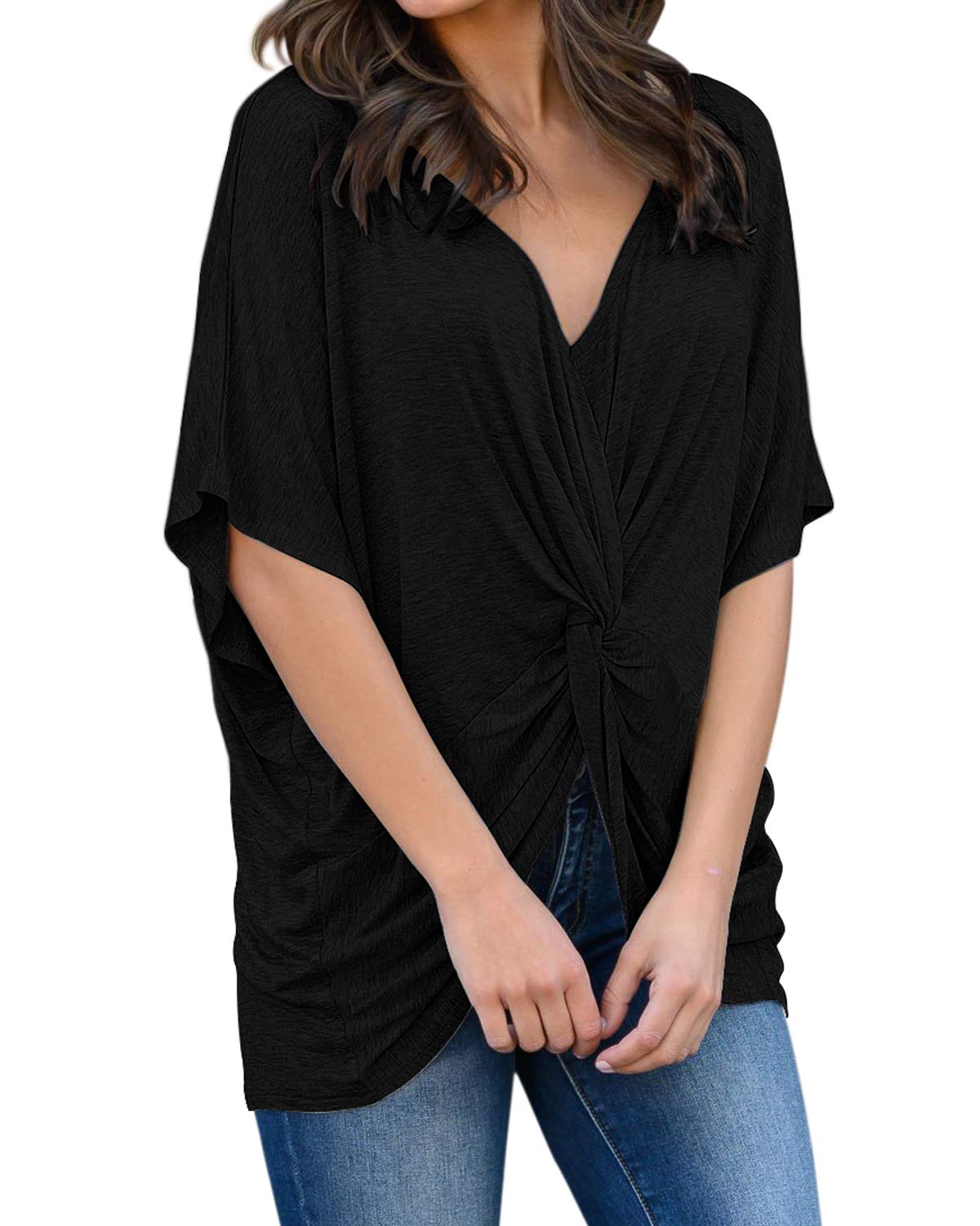 Horyliin Tee Shirts Women Plus Size, Ladies Deep V Neck Batwing Short Sleeve Chiffon Blouses High-Low Hem Ruched Fashion Tunic Tops Black XXL