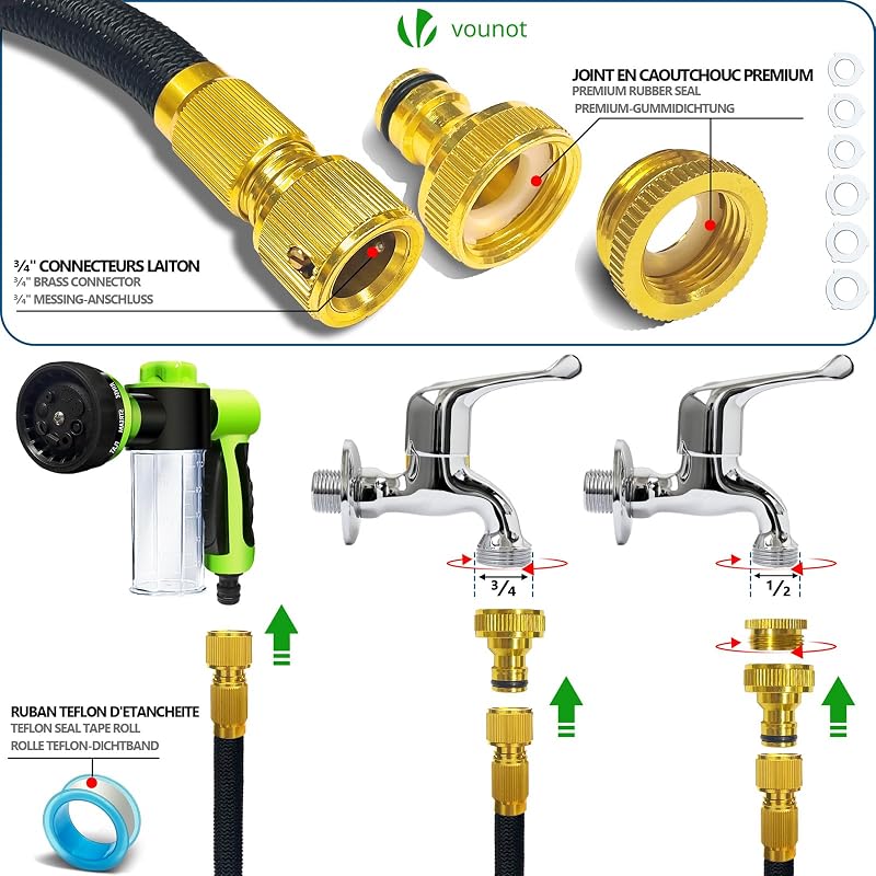 ® Manguera Extensible 30m, Manguera Flexible Jardín con Pistola Rociadora de 8 Funciones y Dispensador de Jabón, Conectores de Latón de 1/2 y 3/4 Pulgadas Bolsa de Almacenamiento, Negro