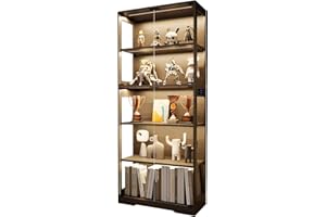 ZRNINR 65" Tall Display Case with Glass Doors, Lighted Display Cabinet Bookcase with Human Body Sensor, 5 Tier 3-Colored LED Storage Curio Cabinet for Collectibles for Living Room (Wooden Frame)