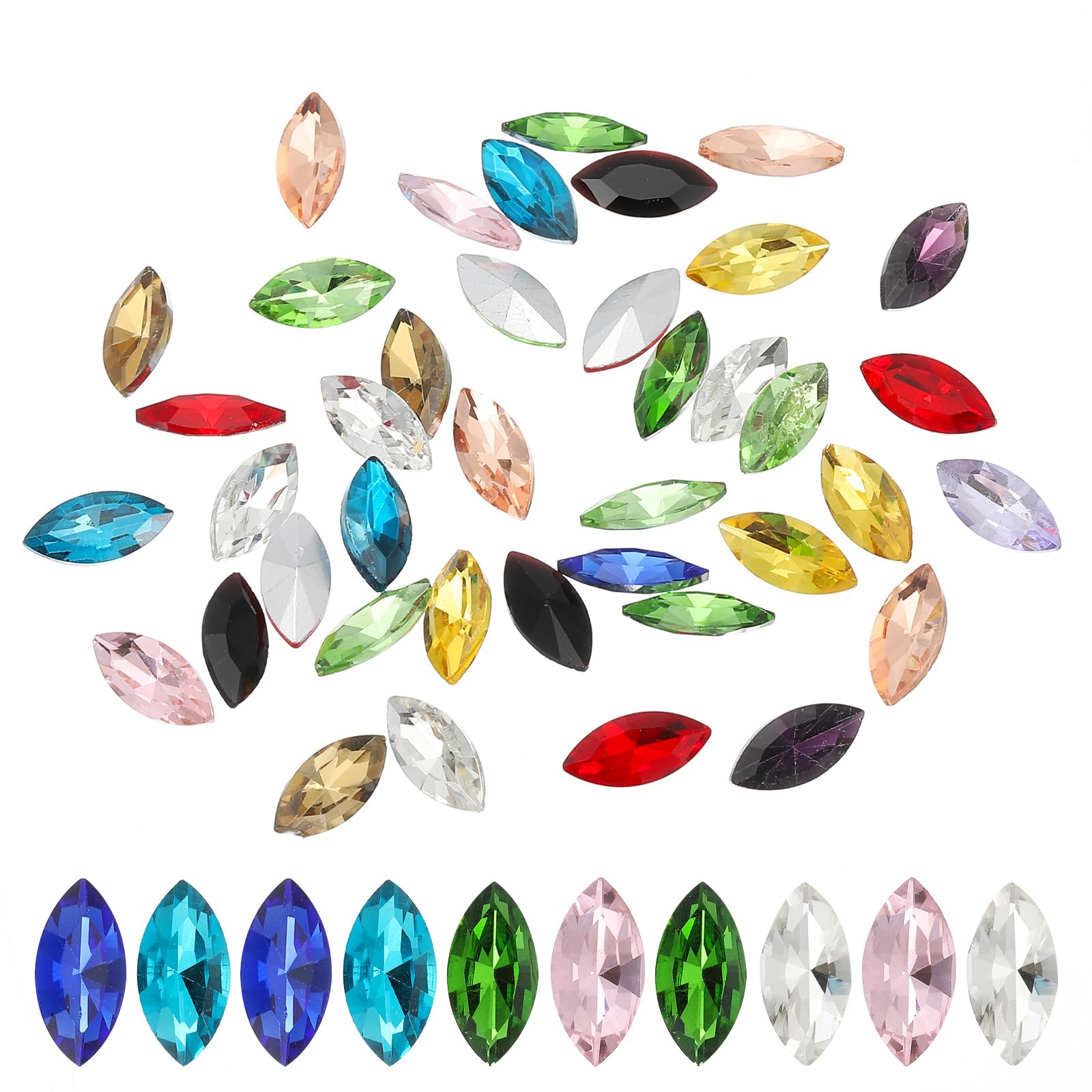 PATIKIL Marquise Gems, 40 Pcs 15x7mm Glass Rhinestones Flat Back Navette Horse Eye Crystal Gems for Jewelry Making DIY Craft, Colorful