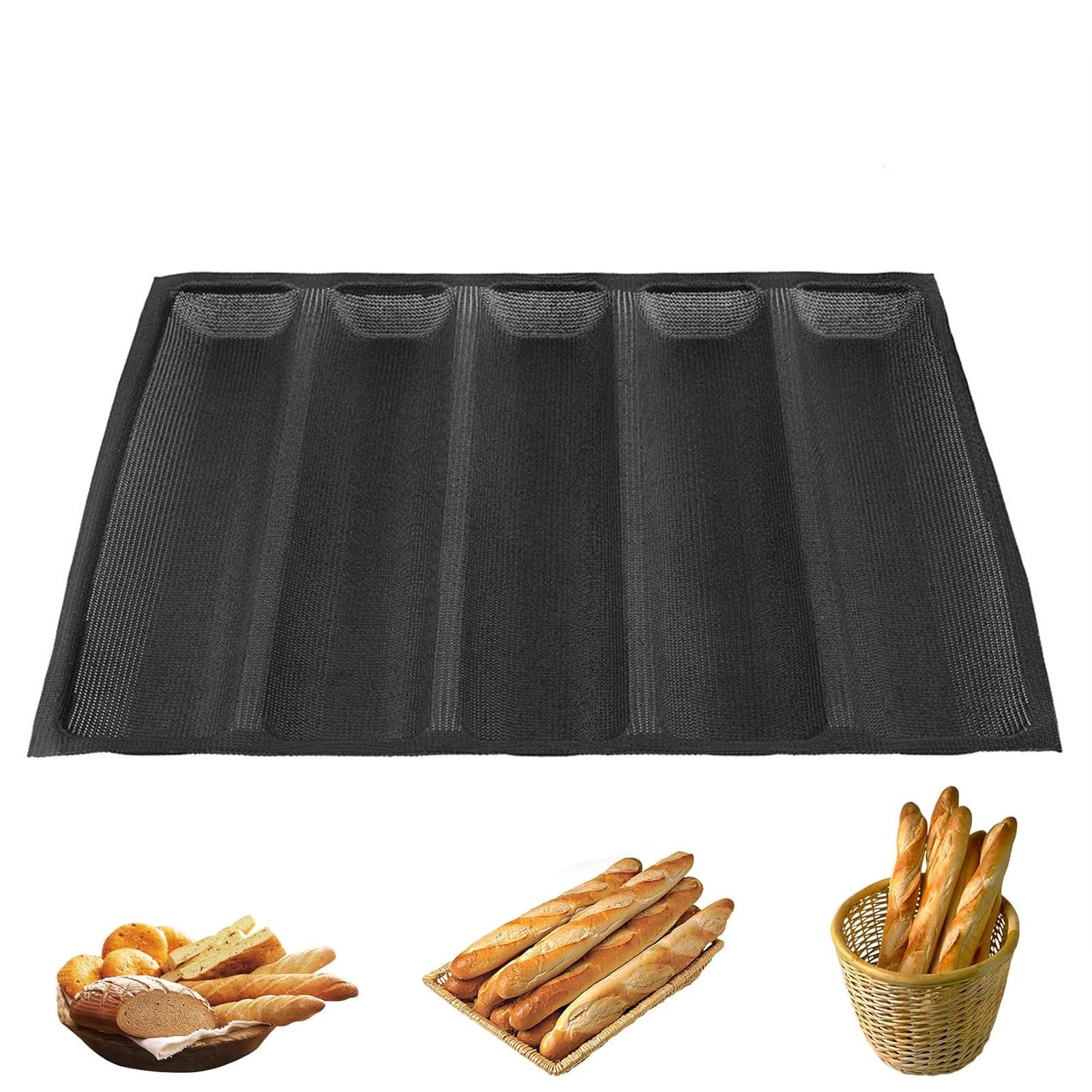 Ouitble Silicone Baguette Pan Oblong Shape Baking Tray Mould Non-Stick 5-Loaf Perforated Fench Bread loaf Mold Forms Bakeware Tray