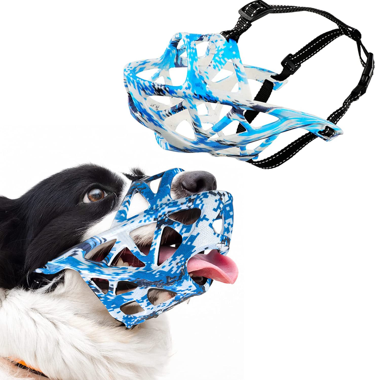 Dog Muzzle Soft Rubber Basket Breathable Muzzles Adjustable Straps for Small Medium Large Dogs Allow Drink Water and Panting Anti-Biting Prevent Chewing Barking Fighting Pet Mouth Cover (S,Blue White)