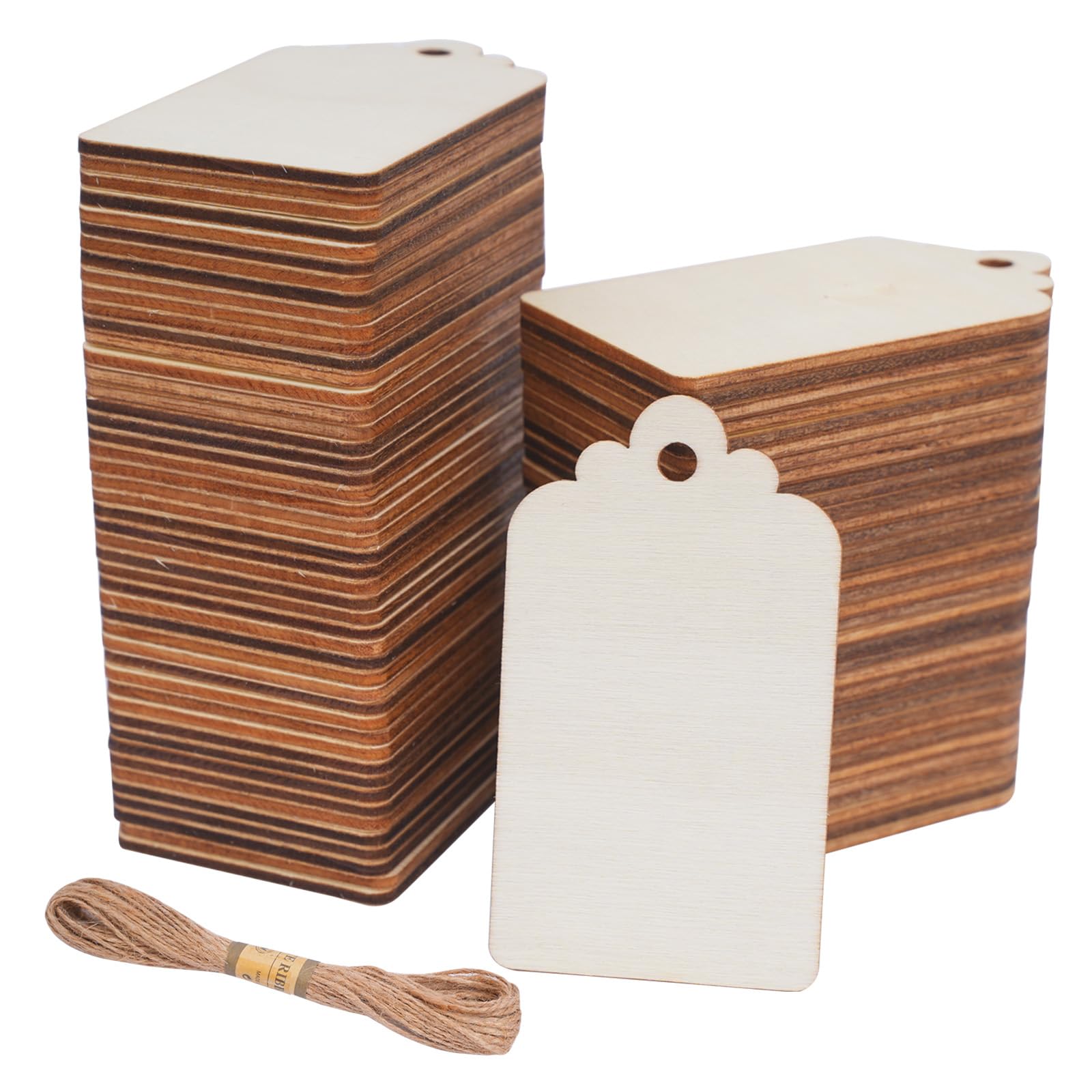 DLUSZERT 90Pcs Unfinished Wooden Gift Tags, 3,9 x 6,8cm Wooden Hanging Label with Hole, Blank Wood Rectangle with 10M String, Natural Wood Plate Label for Craft Christmas Hanging Decorations Wedding