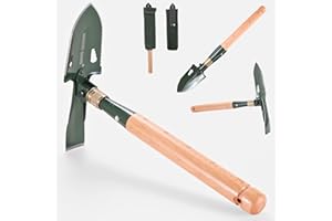 MASTIFF GEARS Military-Grade 2-in-1 Camping Shovel & Hoe - 1050 Steel, Foldable Wooden Handle, Metal Detecting Optimized, Can
