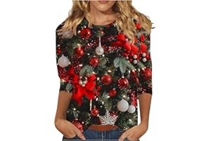 Tops for Women Christmas Shirts 3/4 Sleeve Crewneck T-Shirts Sparkly Xmas Tree Print Holiday Casual Tees Blouses
