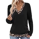 SOLY HUX Women's Leopard Print T Shirt V Neck Long Sleeve Button Tee Casual Fall Tops