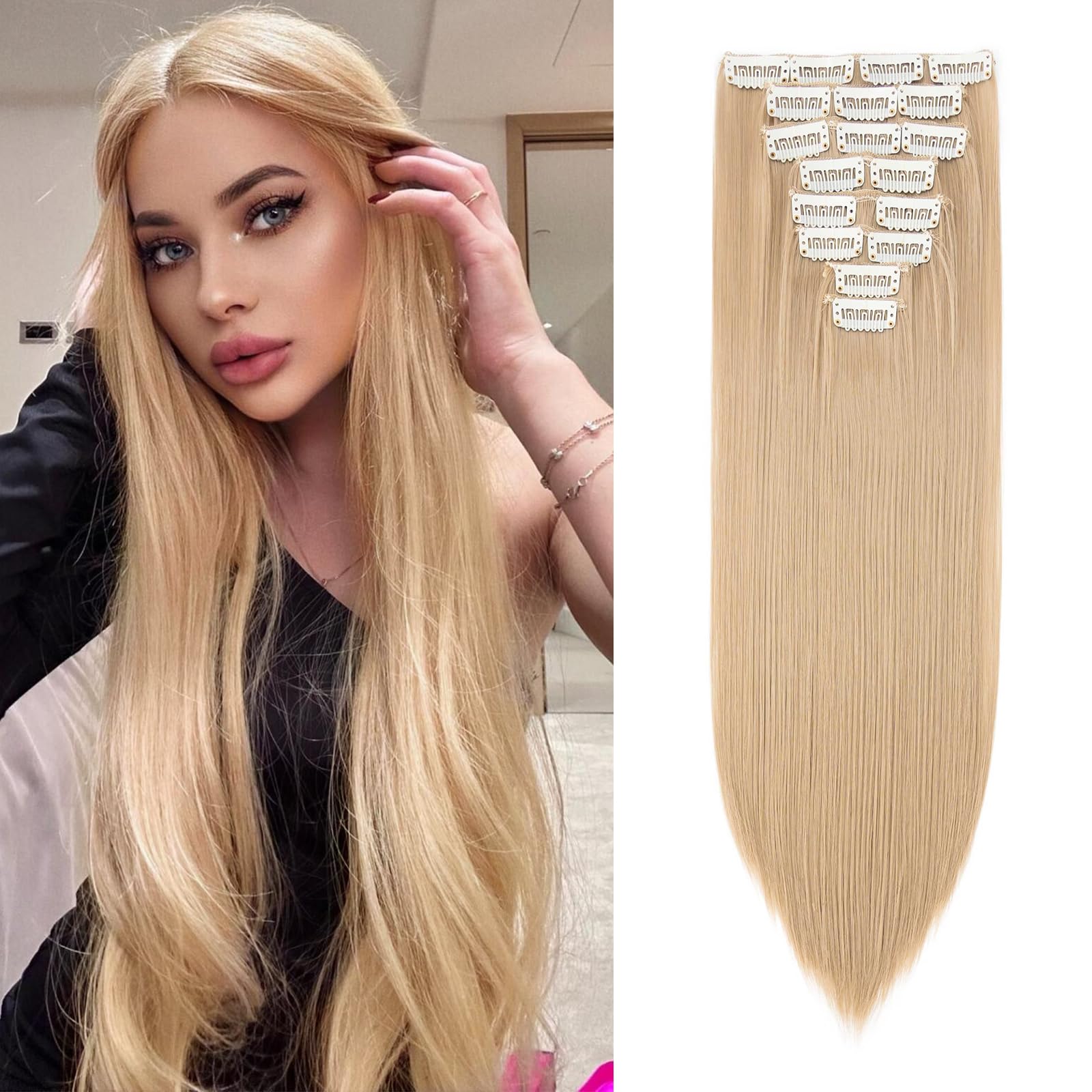 26" Long Straight Clip in Hair Extensions Full Head 8Pcs 18Clips Ombre Colorful Synthetic Hair Clip in Hairpiece Ash Blonde