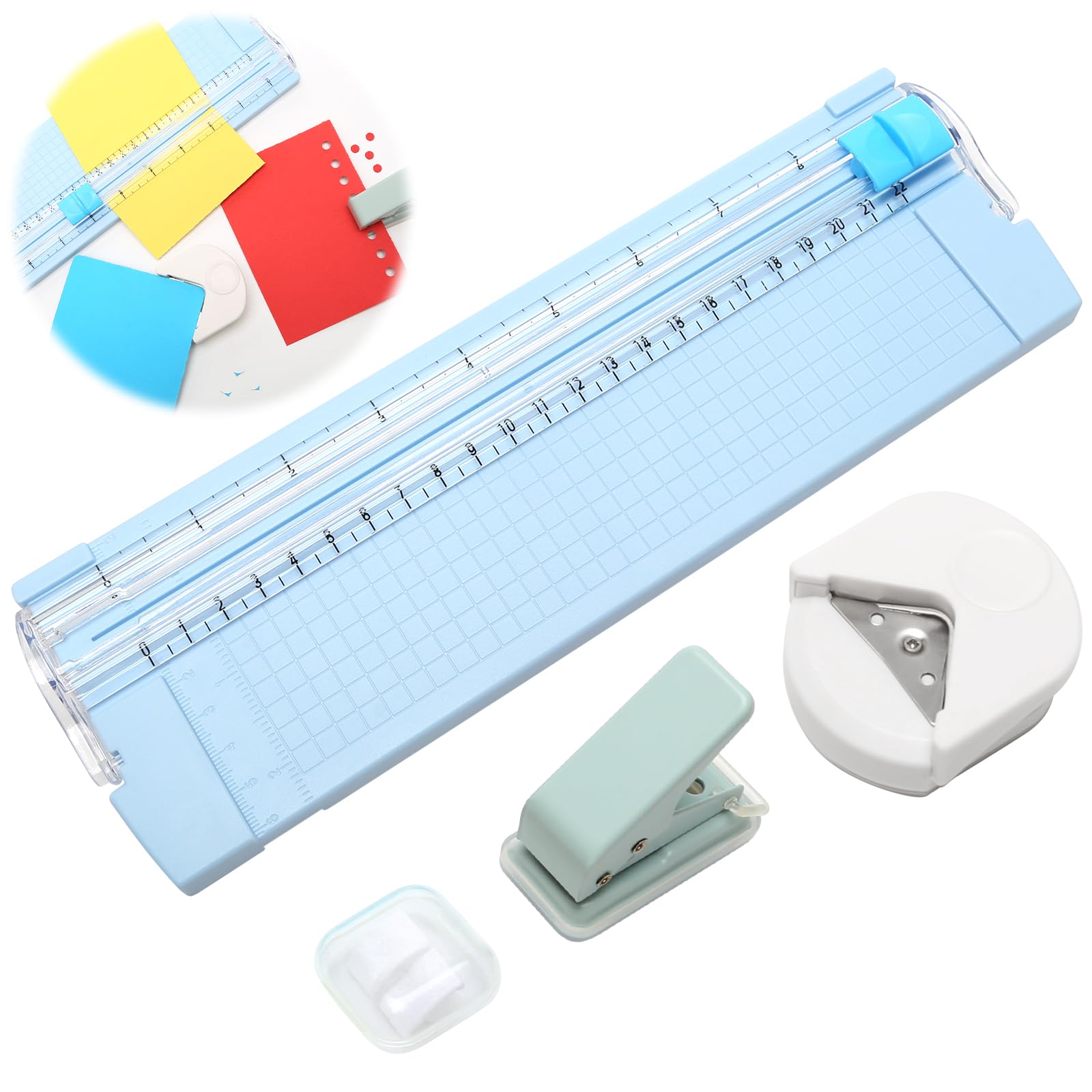 3 Pcs Paper Cutters Tool for Crafts, Papers Cutter A4 with Replacement Blade, Corner Rounder and Single Hole Puncher 3mm for Paper, Photo, Card