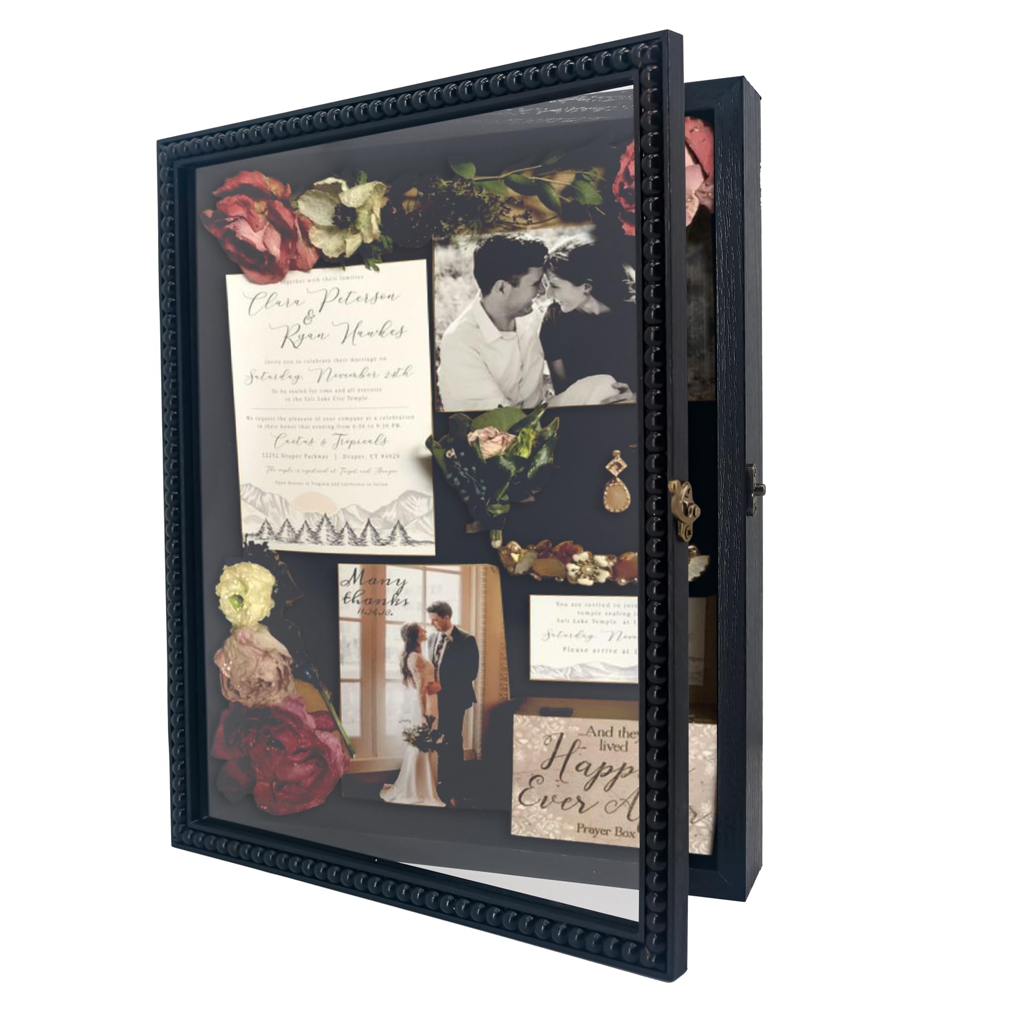FramePro 11x14 Deep Shadow Box Frame with Hinge Beaded Memory Display Case with Linen Back, Picture Frame Wedding Bouquet Memorabilia Medals Photos or Tabletop or Wall Black