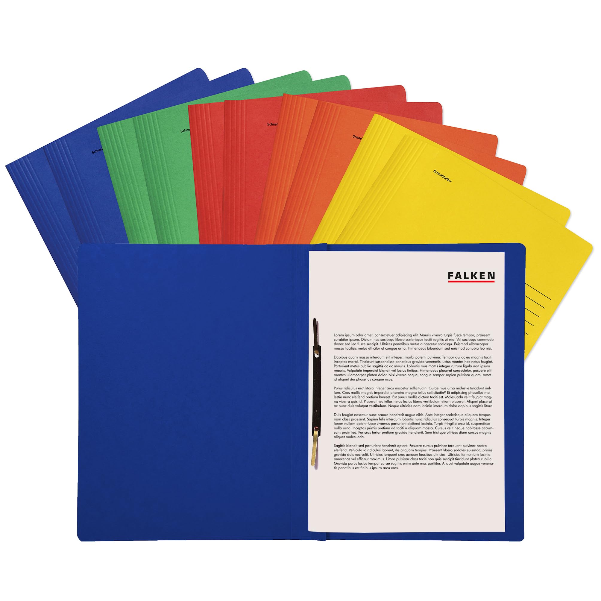 Original Falken 10-pack of intensive colour loose-leaf binders. Made in Germany. Made of recycled cardboard for DIN A4 commercial and public authority stapling, assorted colours, ideal for the office and school