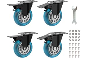 APLLAMO 3 in Plate Caster Wheels - Heavy Duty with Brake 1200LBS,Industrial Casters Set of 4,Locking,360 °Swivel,No Noise Polyurethane Castors,Non Marking Blue Castor Wheels for Furniture,Carts,Cabinet,Table