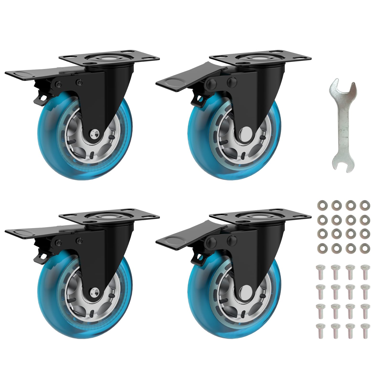 Photo 1 of 3 in Plate Caster Wheels - Heavy Duty with Brake 1200LBS,Industrial Casters Set of 4,Locking,360 °Swivel,No Noise Polyurethane Castors,Non Marking Blue Castor Wheels for Furniture,Carts,Cabinet,Table