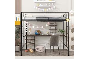 RELASIA Loft Bed Twin Size with Desk, Metal Loft Bed with Stairs and Guardrail, 4 Storage Shelves, Noise-Free, Space-Saving, No Box Spring Needed for Juniors Adults Black