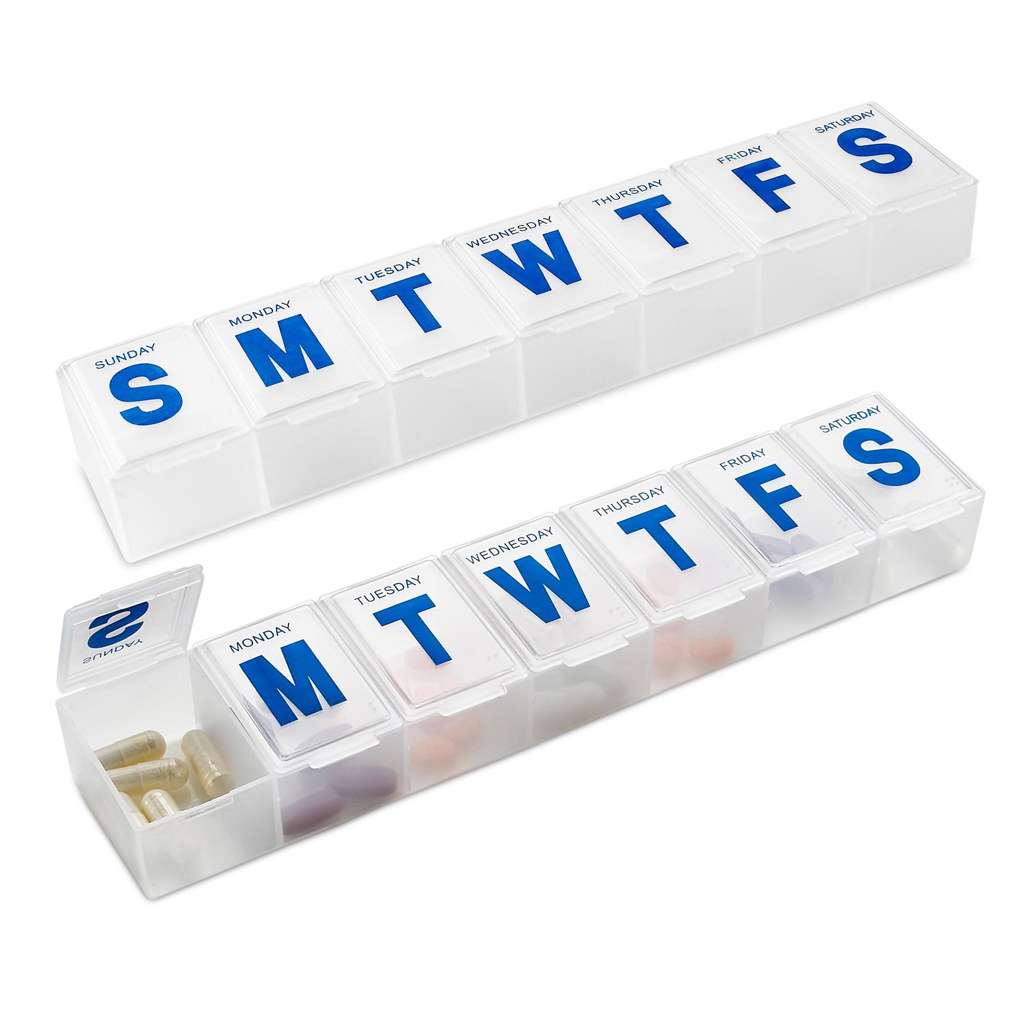 Weekly Pill Organizer - (Pack of 2) Extra Large Vitamin Container with Jumbo Easy to Read Letters, BPA Free - Daily Travel 7 Day Medication Pill Box Case