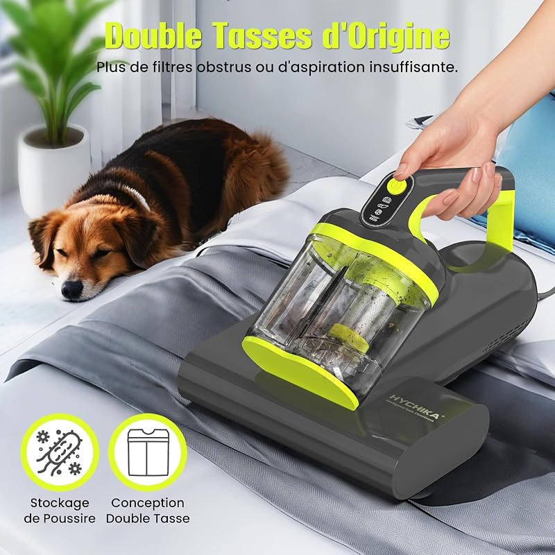 HYCHIKA Aspirateur Anti-Acariens 16 kPa, Lumière UV-C, Chauffage à 60 °C