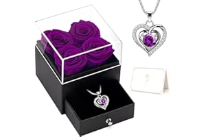 YEEBAY Preserved Flowers Gift for Mom from Son or Daughter, Incl 4 Rose and Heart Necklace, Ideal Gifts Birthday, Mother's Day, Valentine's Day, Christmas for Grandma for Her, Women, Wife