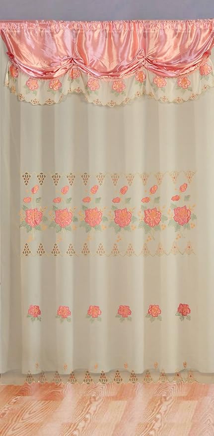 Peach Pink Room Decor Embroidery Sheer Valence Window Curtain