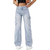 Women High Waisted Cargo Jean for Women with 6 Pockets Straight Wide Leg Jean Casual Baggy Pants