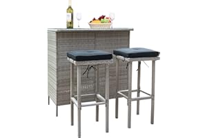 Polar Aurora 3PCS Patio Bar Set with Stools and Glass Top Table Patio Wicker Outdoor Furniture with Removable Cushions for Backyards, Porches, Gardens or Poolside (Black & Gray)