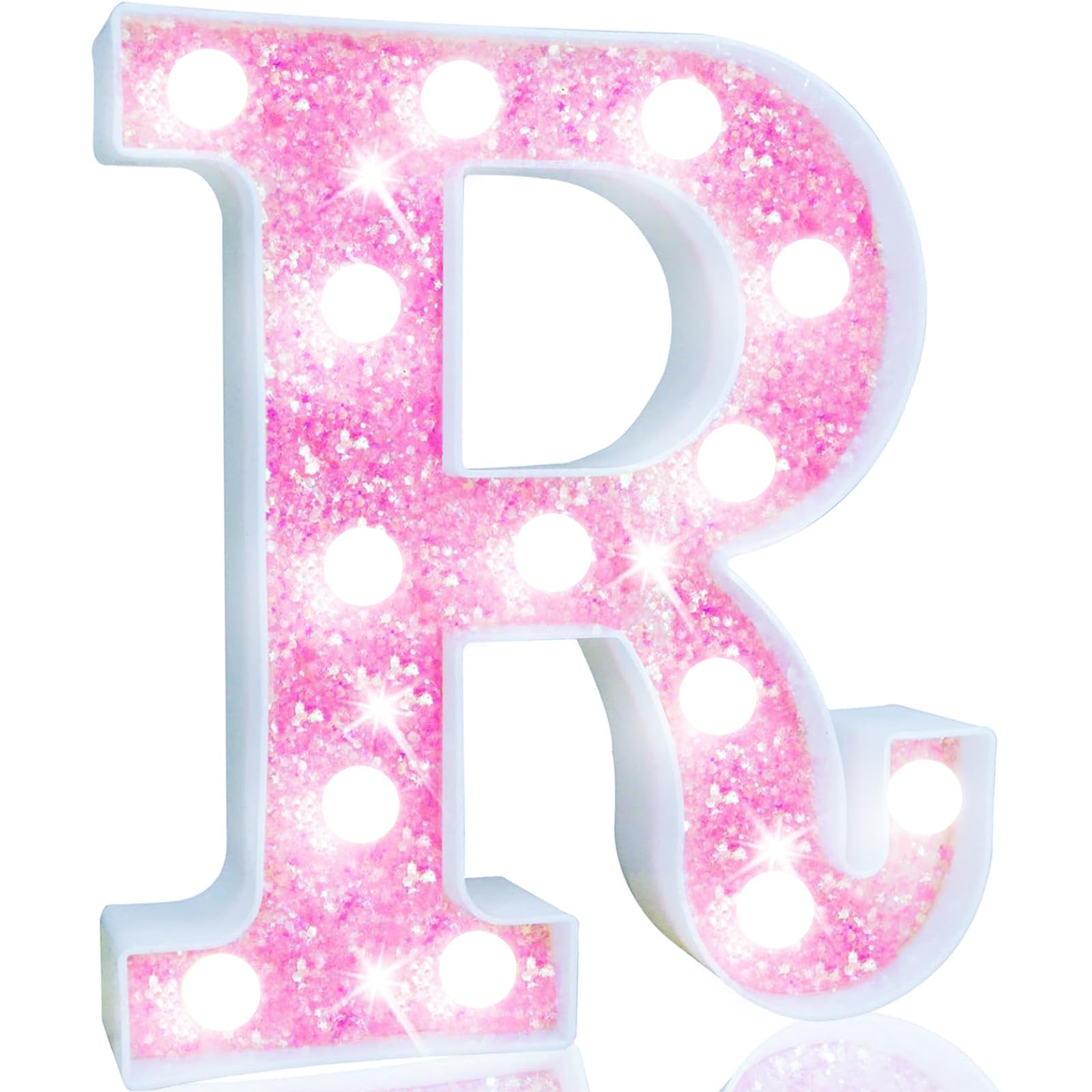 Photo 1 of Pooqla LED Marquee Letter Lights, Light Up Pink Letters Glitter Letter Sign for Girls Gifts, Battery Powered for Night Light Birthday Party Wedding Home Bar Christmas Decoration, Cool White Pink R