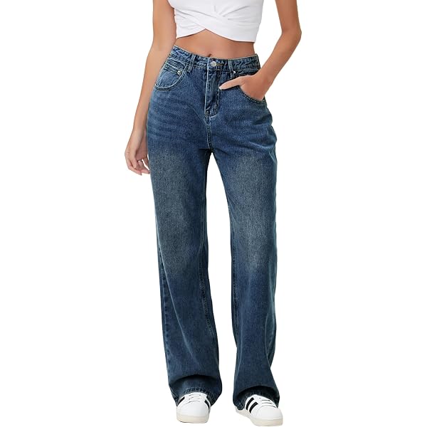 Gaecuw Jeans For Women High Waist Pull Up Cargo Straight Leg Jeans Casual Loose Baggy Wide Leg Denim Long Pants Solid Boyfriend Trousers Pocket Button Zippe
