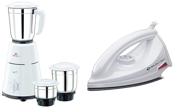 Bajaj Majesty DX 6 1000-Watt Dry Iron (White) & GX-1 500-Watt Mixer Grinder with 3 Jar Combo