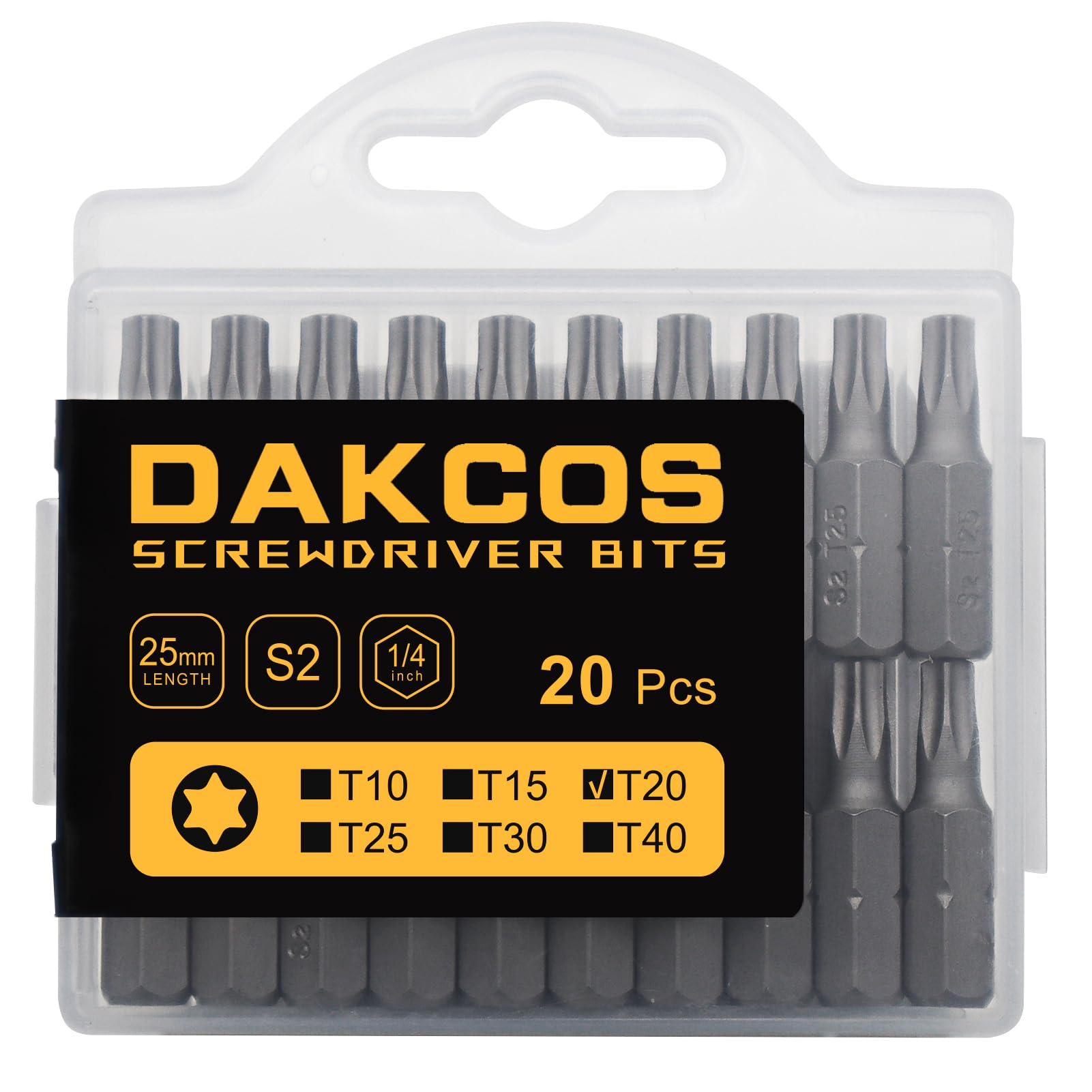 DAKCOS T20 Torx Bit, 20PCS Impact Driver Bits, 1/4" Screwdriver Bit Sets, Premium S2 Alloy Steel Bits, 25mm Long
