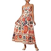 Floerns Women's Spaghetti Strap Tropical Dress Shirred Vacation Cami Maxi Dress