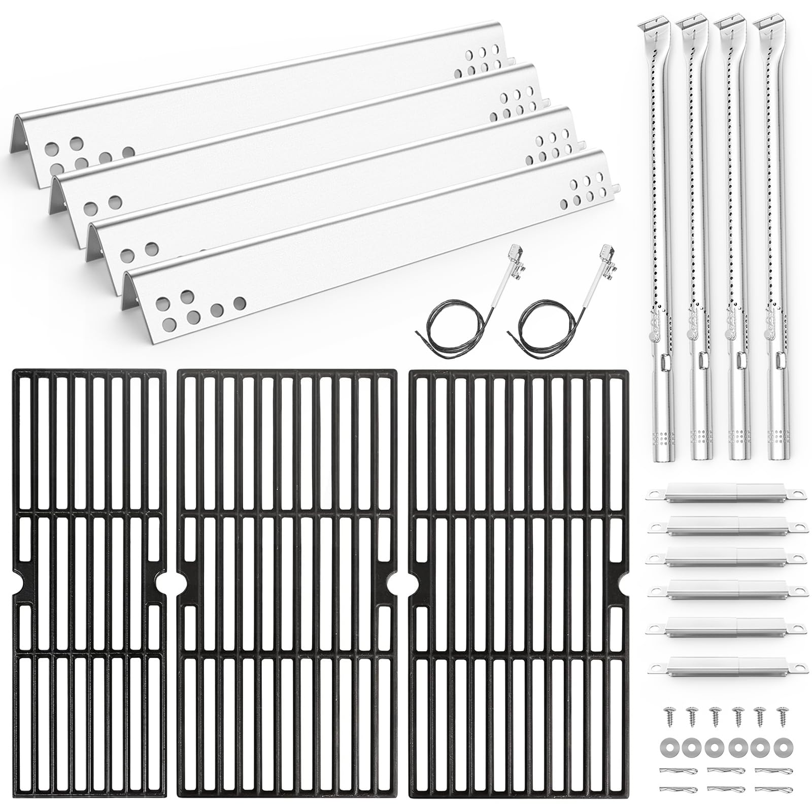 Uniflasy Grill Parts for Char-Broil 4/5 Burner for Charbroil 463347519 463347518 463275517 463243518 463243519 463342119 Grill Replacement Parts Burners Heat Plates 18" Cast Iron Grill Grates Image