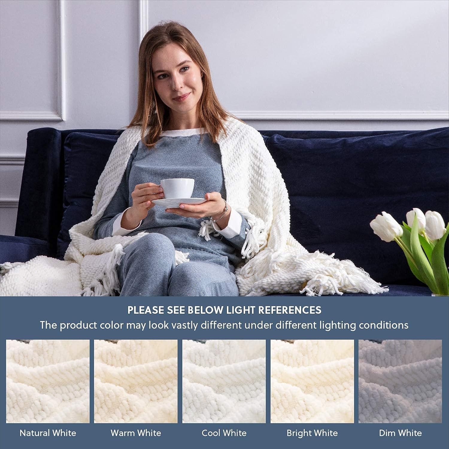 Bedsure Cream White Throw Blanket for Couch, Knit Woven Chenille Blanket Versatile for Chair, 50 x 60 Inch - Super Soft Warm Decorative Ivory Blanket with Tassels for Bed, Sofa and Living Room: Kitchen & Dining