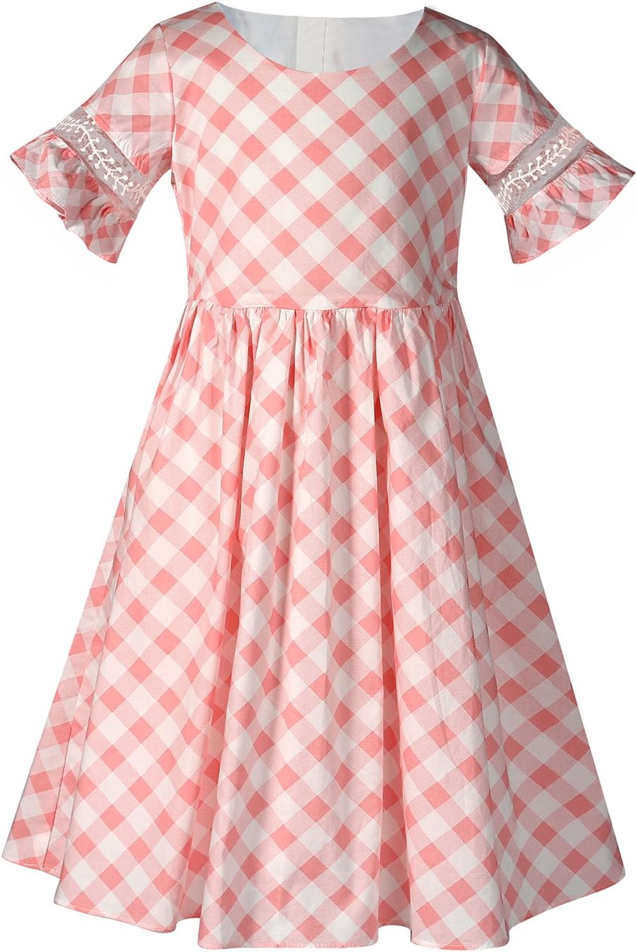 Sharequeen Simple Kids Dresses Grid O-Neck Flared Short Sleeves Mesh A-line Girls Party Dresses SQ030 (8-9 Years, Pink)