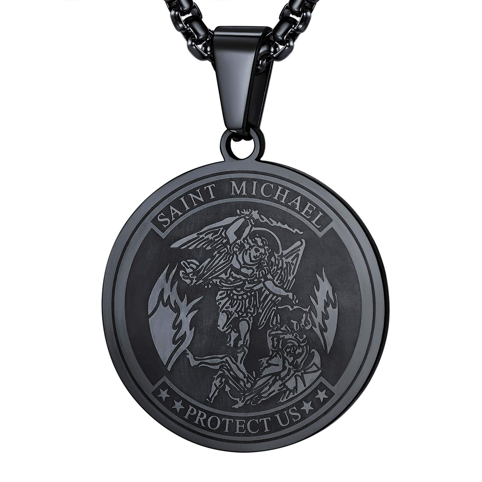 FaithHeart St.Michael Pendant Necklace Talisman of Policemen Jewellery Black Saint Michael Medal for Luck Stainless Steel Coin Pendants Sturdy Chain 24inches Long Spiritual Gifts for First Communion — image 1