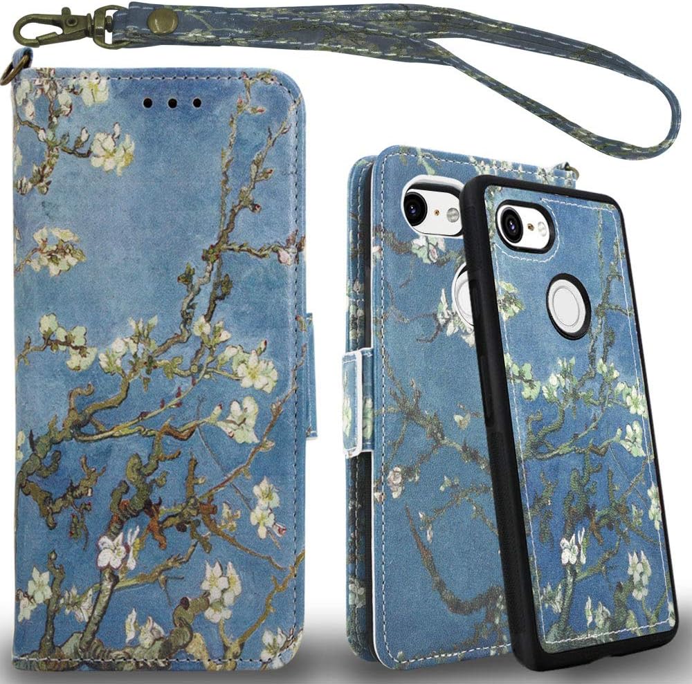 Mefon Google Pixel 3 XL Case Wallet Leather Detachable, with Tempered Glass and Wrist Strap, Enhanced Magnetic Closure, Card Slot, Kickstand, Durable Flip Folio Cases for Pixel 3 XL (Blossom)