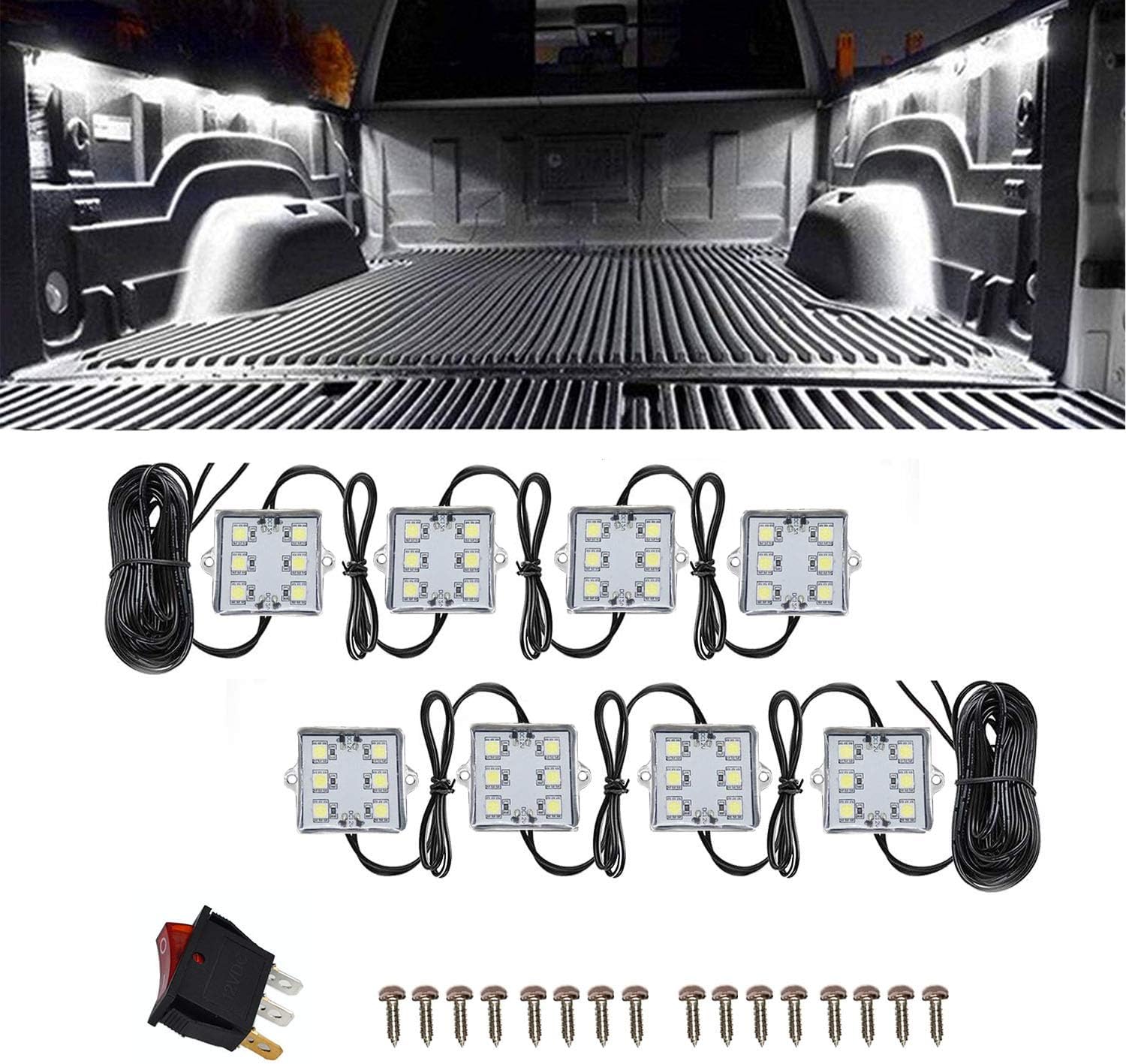 NBWDY 8 PCs 12V Led Truck Bed Light Kit,48 LEDs Cargo Truck Pickup Bed, Off Road Under Car, Foot Wells, Rail Lights Lighting Kit includes Power Switch (White): Automotive