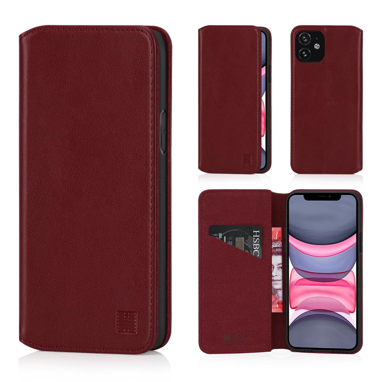 32nd Classic Series 2.0 - Real Leather Book Wallet Flip Case Cover For Apple iPhone 11 (6.1"), Real Leather Design With Card Slot, Magnetic Closure and Built In Stand - Burgundy