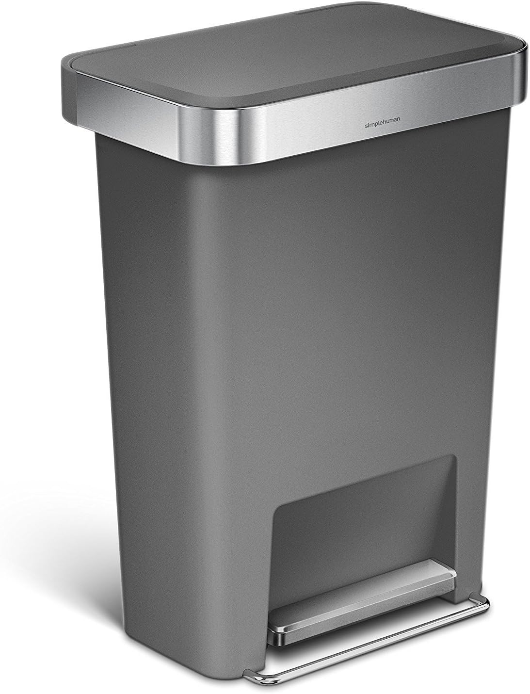simplehuman 45 Liter Rectangular Kitchen Step Soft-Close Lid, Grey Plastic Hands-Free Trash Can