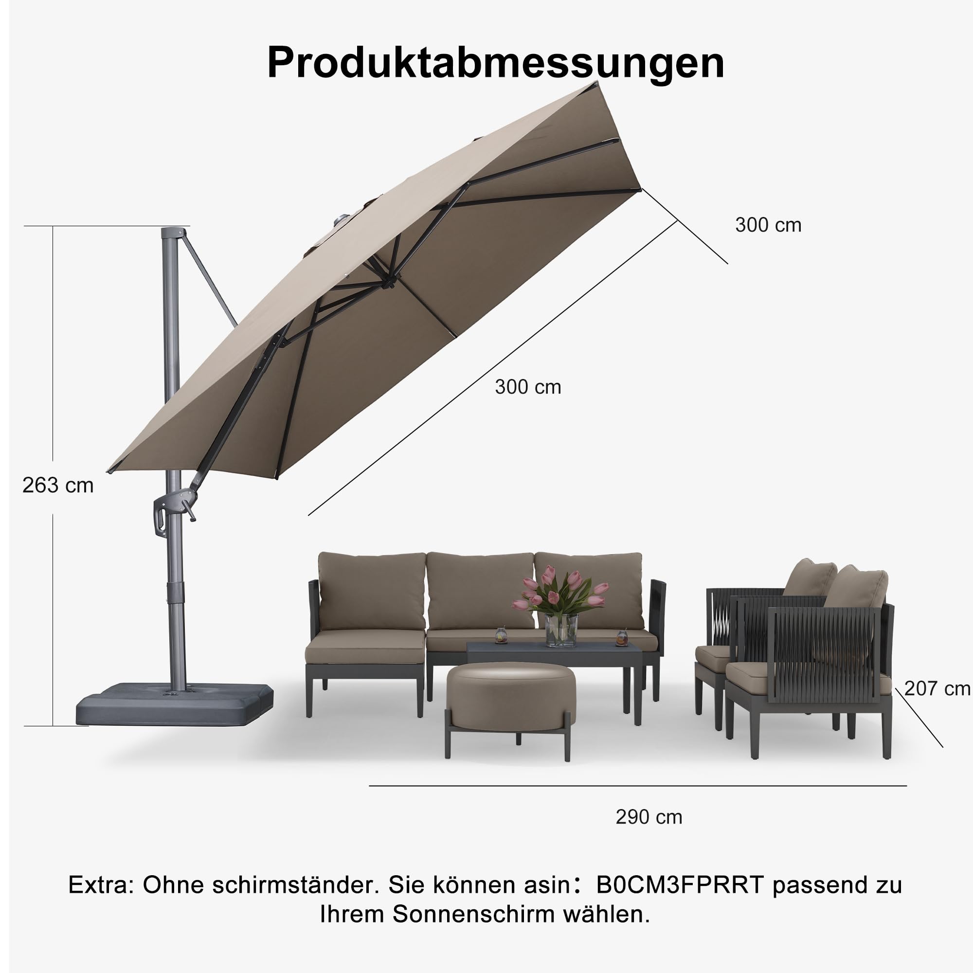 PURPLE LEAF Ampelschirm 300 x 300 cm Sonnenschirm aus Acrylimitat, Gartenschirm mit Kurbel, Gestell Aluminium, 360° Rotation, Wasserabweisend, UV50+, Asch Mokka 6