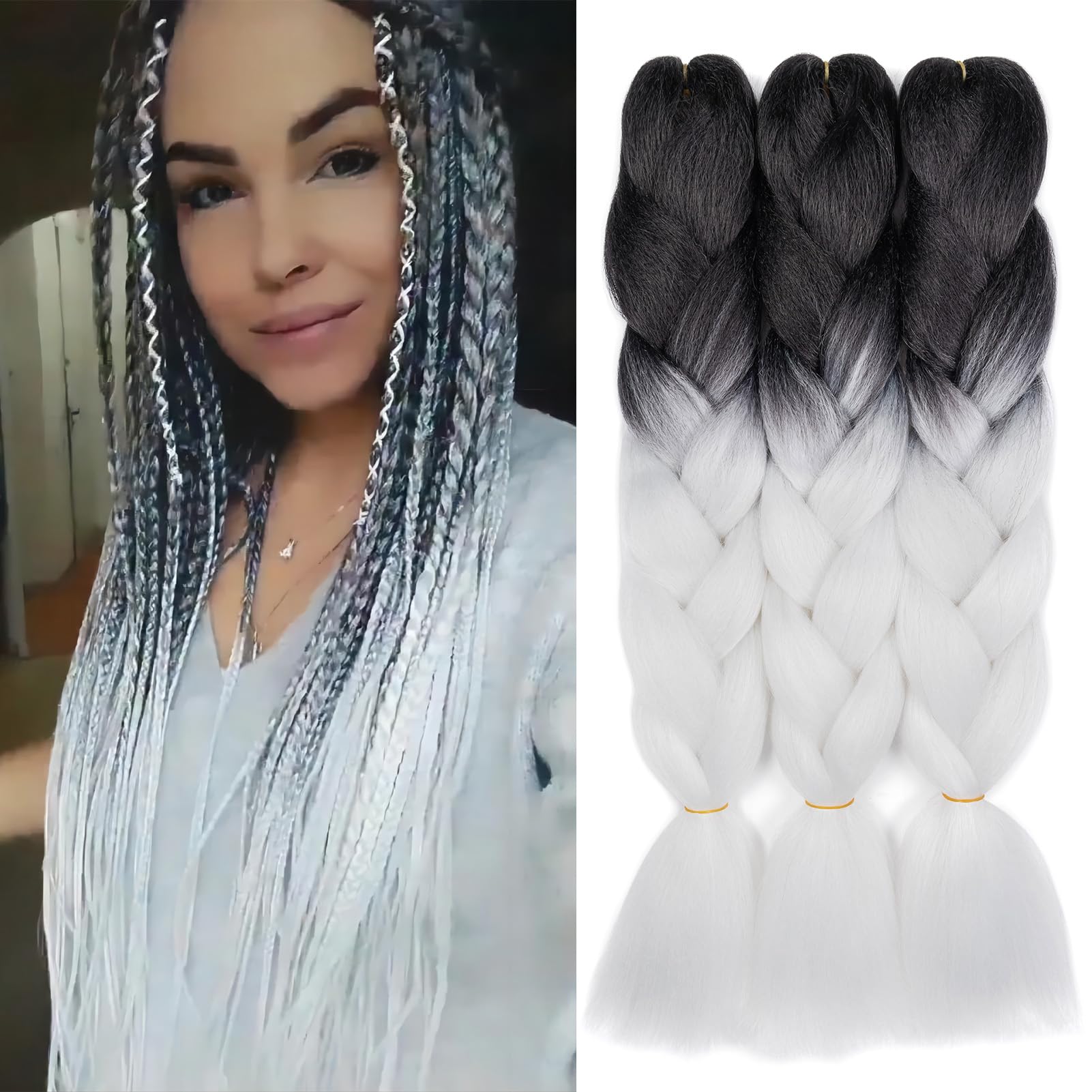 Dcbaboo Jumbo Braiding Hair Extensions 3packs 24inch Hair Extensions for Braiding Synthetic Hair Kanekalon Ombre Braids Hair Extensions Afro Crochet Braids Twist Hair Extensions 300g, Black-White — image 1