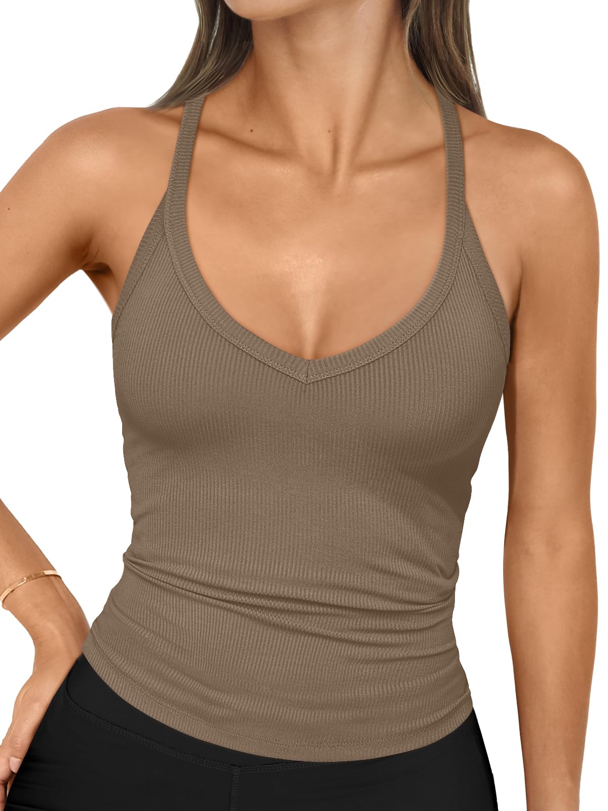 Photo 1 of Trendy Queen Womens Workout Tank Tops Racerback Summer 2025 Camisole Top V Neck Ribbed Sleeveless Beach Fashion Clothes Coffeegrey M