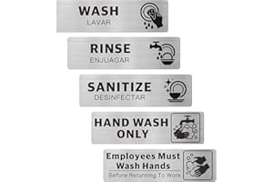 ELITESIGN 5PK Wash Rinse Sanitize Sink Labels, Hand Wash Only & Employees Must Wash Hands Signs, Bilingual Brushed Aluminum, Waterproof Peel and Stick for Commercial Kitchens Food Trucks, 7x2 Dishwashing Styles