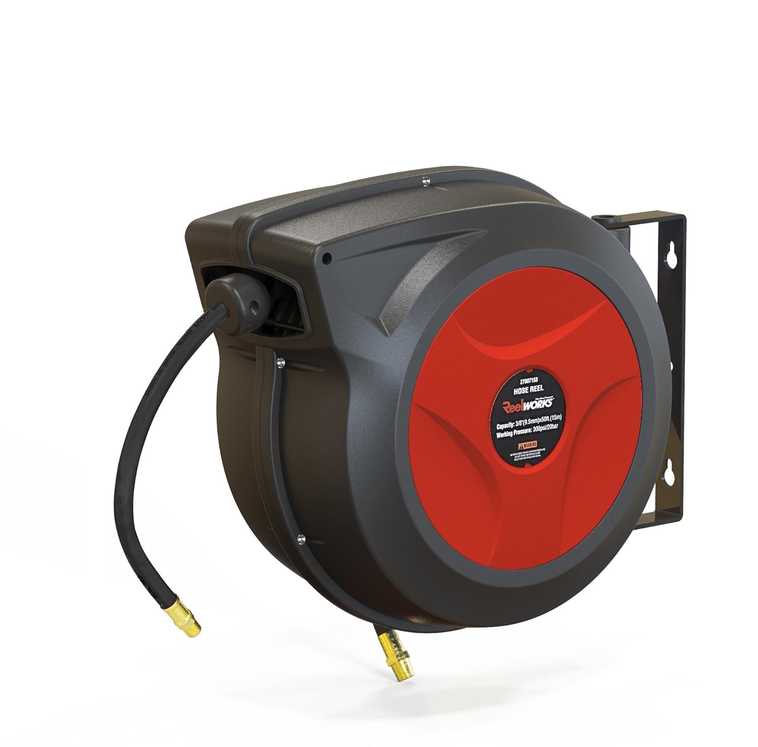 ReelWorks 27807153A Plastic Retractable Air Compressor/Water Hose Reel with 3/8" x 50' Hybrid Polymer Hose, Max. 300 psi