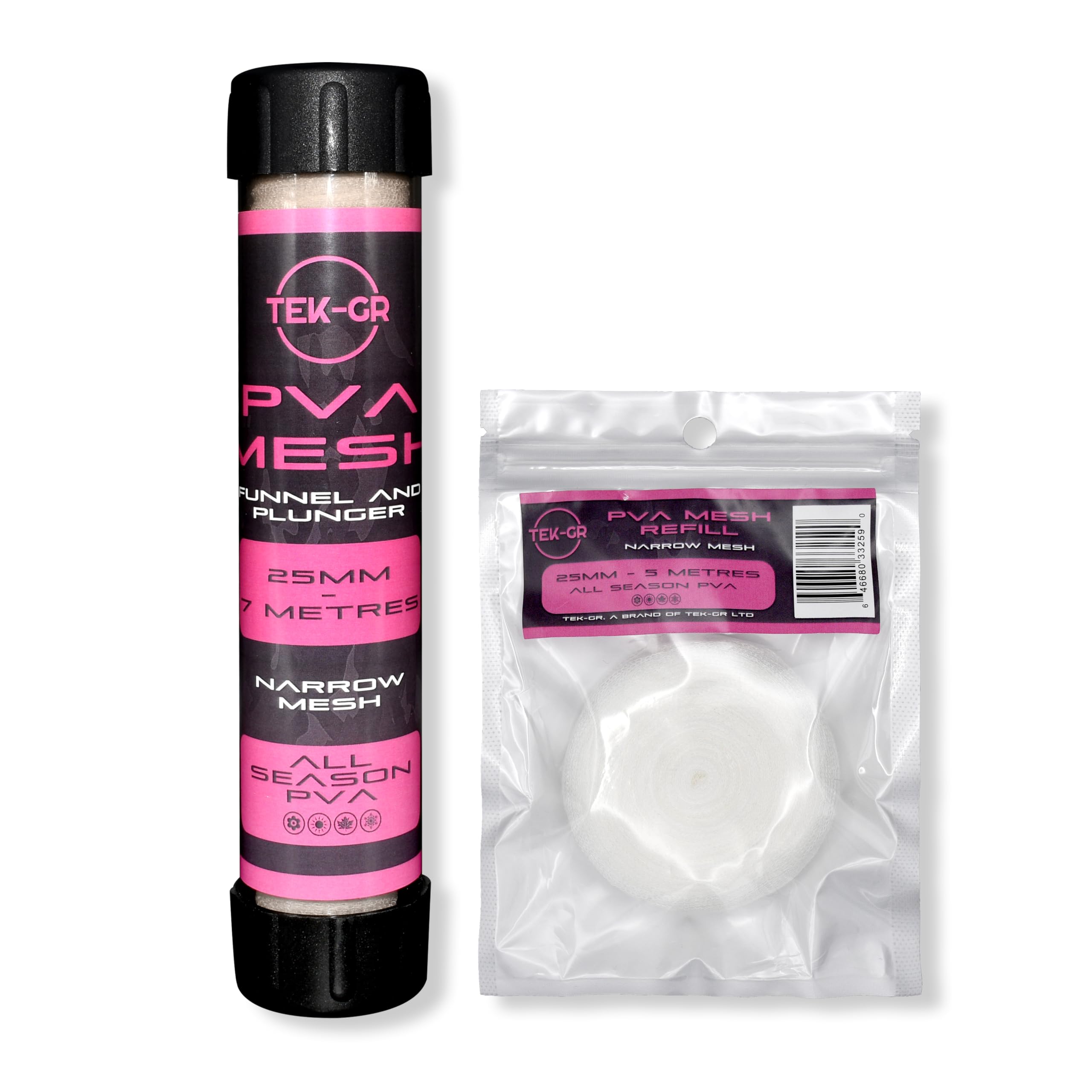 12 Metre PVA Mesh Kit – In 25mm, 36mm & 44mm Widths – Funnel & Plunger Systems – All-Season Dissolvable PVA Carp Fishing Accessories (12 Metres x 25mm)