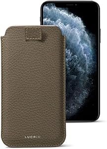 Lucrin - Pull Tab Slim Sleeve Case Compatible with iPhone 11 Pro/iPhone Xs/iPhone X and Wireless Charging - Dark Taupe - Granulated Leather