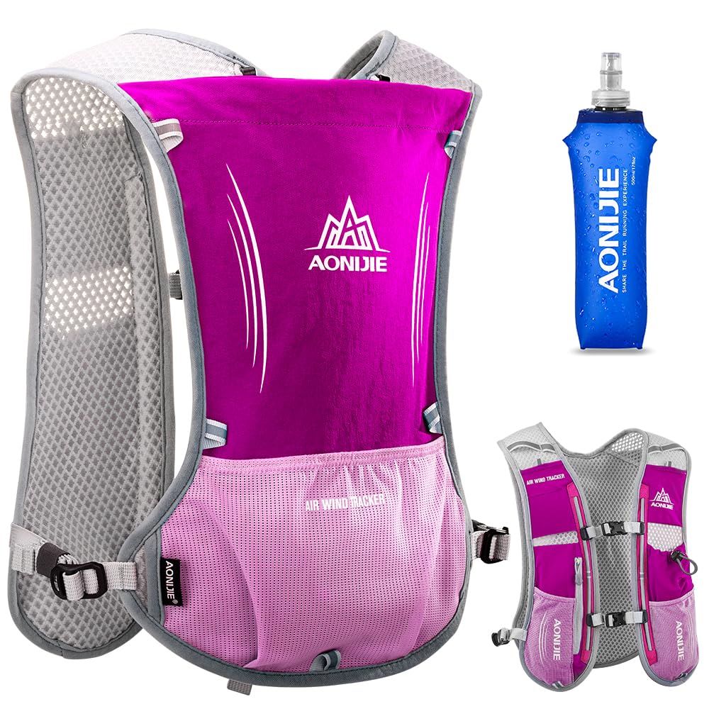 HINATAA Lightweight Running Hydration Backpack, 5L 190g Running Hydration Vest for Women and Men Cycling Running Climbing Hiking Vest Pack (Pink with 500ML water bottle)