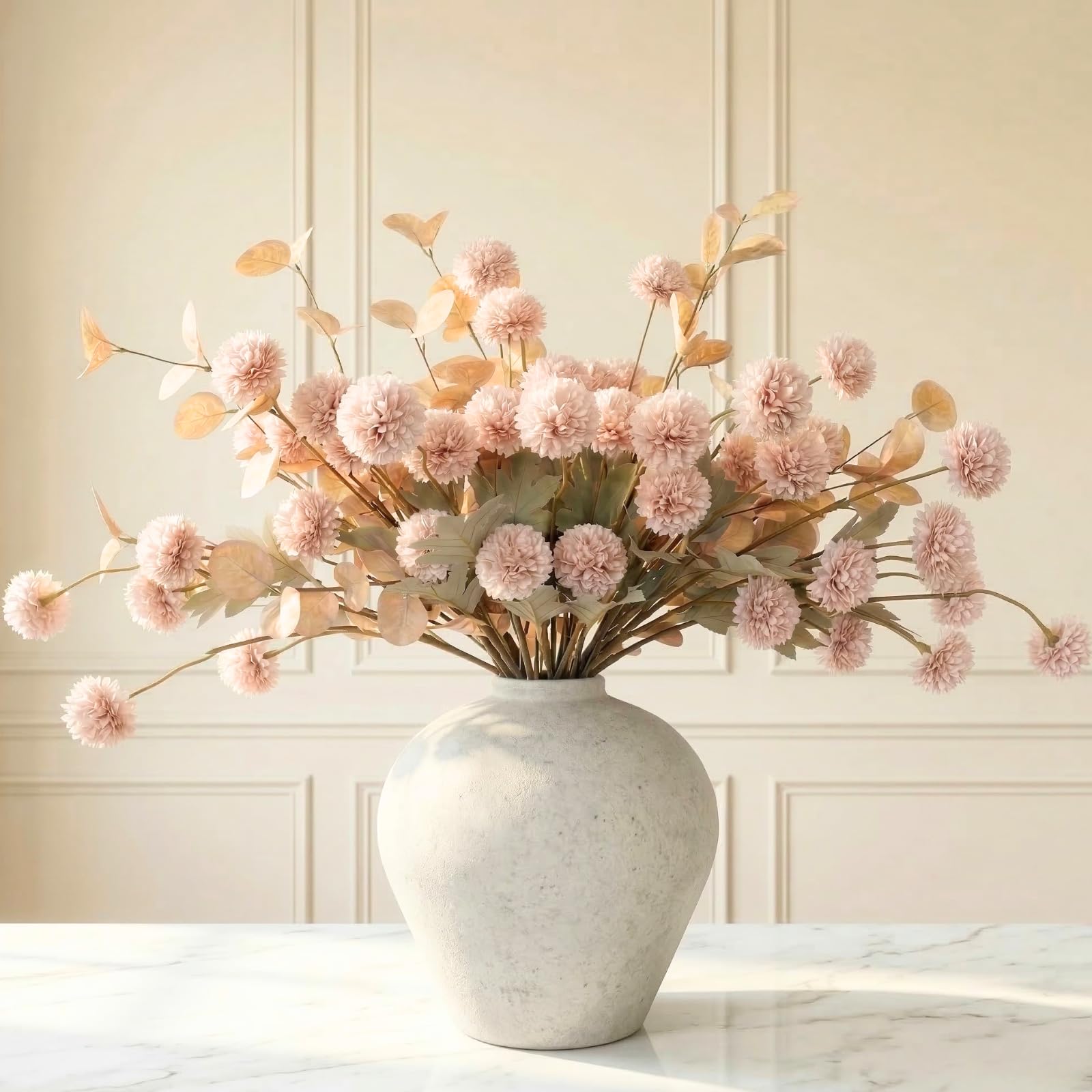 Photo 1 of Artificial Flowers for Vase - Beige Silk Mums 10 Long Stems with Eucalyptus, Faux Flowers Home Decor, Neutral Tan Cream Floral Arrangement, Fake Chrysanthemum Pom Pom Stems, Spring Fall Centerpiece