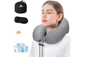 urnexttour Travel Pillow for Airplane Memory Foam Neck Pillow, Soft & Support Travel Pillow for Travelling with Eye Mask, Earplugs and Storage Bag, Sleeping Rest, Car, Train and Home Use Cooling, Grey
