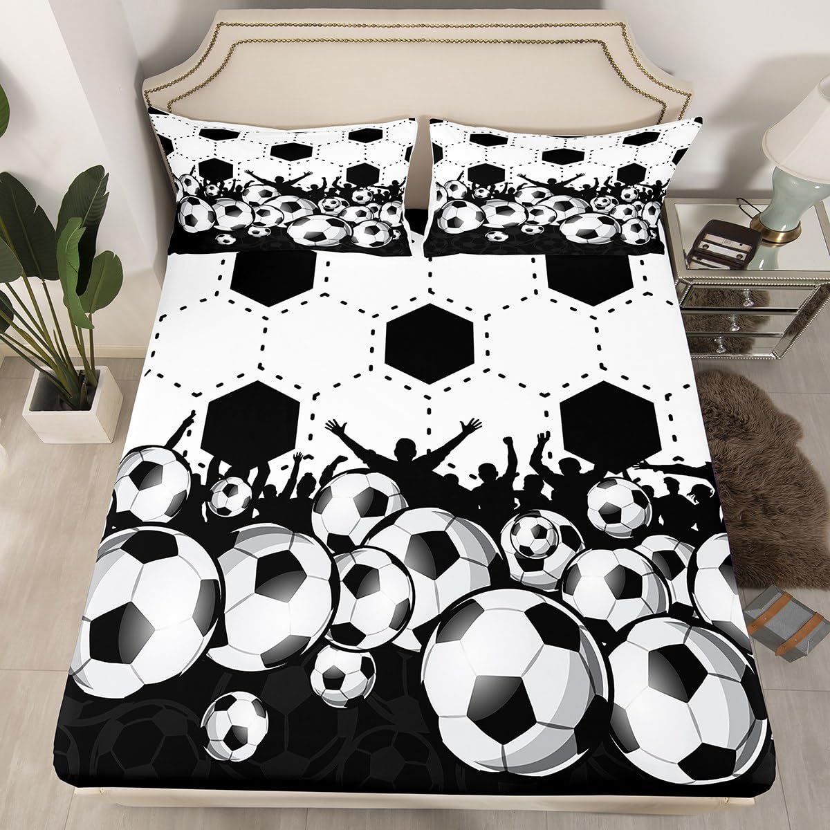 Soccer Fitted Sheet Single Size, Football Sports Theme Bedding Set 2pcs for Kids Teens Room Decor, Geometric Hexagon Print Bed Cover with 1 Pillowcase, Soft Polyester Bedding