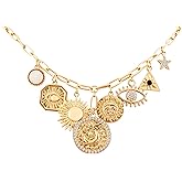 MINACHI Multi Charm Chain Necklace, Shell Evil Eye Charms, Retro Ethnic Style Jewelry for Women